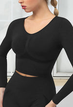 Seamless Folds Stretchy Slim Long Sleeve Crop Top - Terry - Mayzia