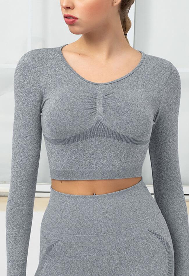 Seamless Folds Stretchy Slim Long Sleeve Crop Top - Terry - Mayzia