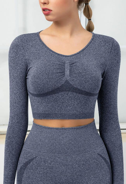 Seamless Folds Stretchy Slim Long Sleeve Crop Top - Terry - Mayzia