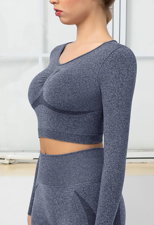 Seamless Folds Stretchy Slim Long Sleeve Crop Top - Terry - Mayzia