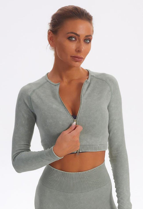 Seamless Washed Zip Up Crop Top - Easy - Mayzia