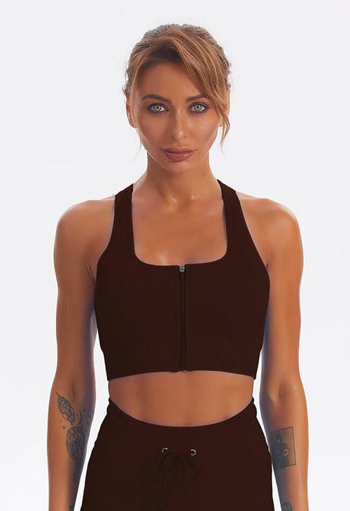 Zip Up Ribbed Cross-Back Sports Bra - Marvel - Mayzia